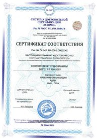 Сертификат соответствия OHSAS 18001, дубликат на английском языке выдается по запросу.