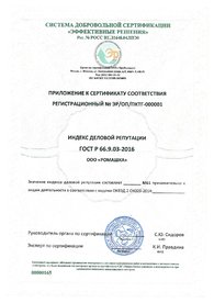 Приложение к сертификату соответствия 66.9.03-2016