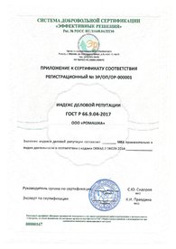 Приложение к сертификату соответствия 66.9.04-2017